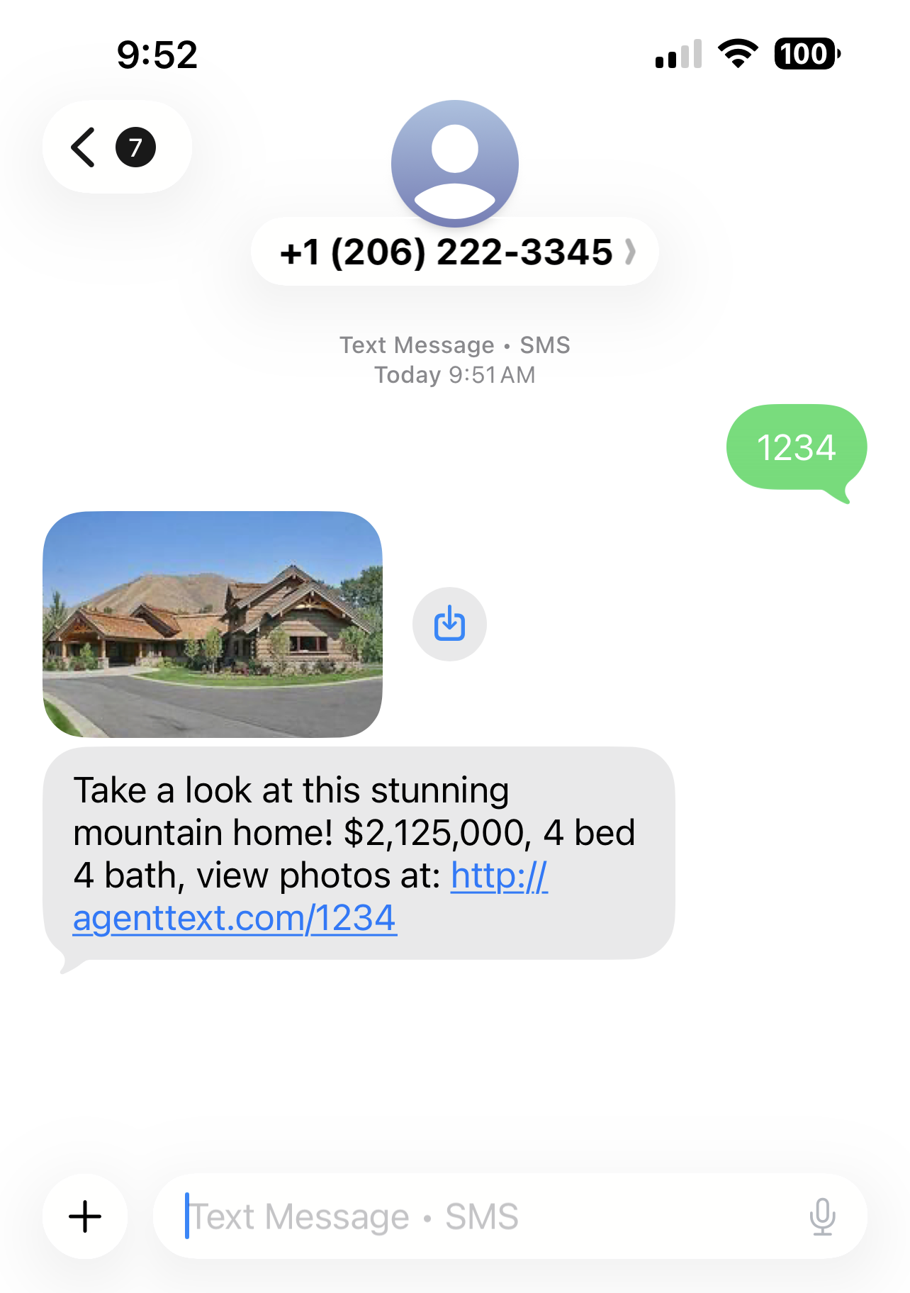 Buyer receives a real estate listing photo, description, and link by text